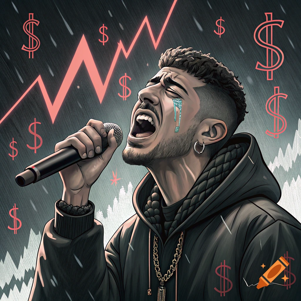 Stylized illustration of singer crying and screaming into mic with crashing stock market chart and dollar signs