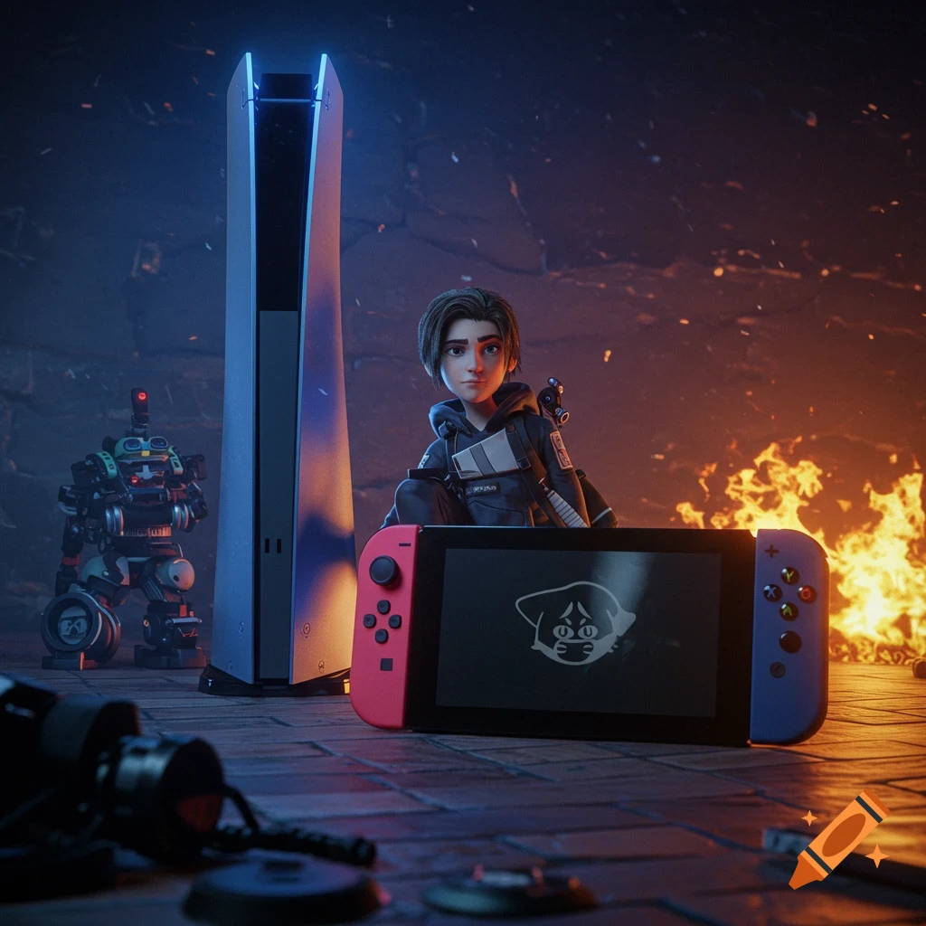 A rendered image shows a character with a robot and a PS5 looking at a Nintendo Switch in a dramatic setting with fire.