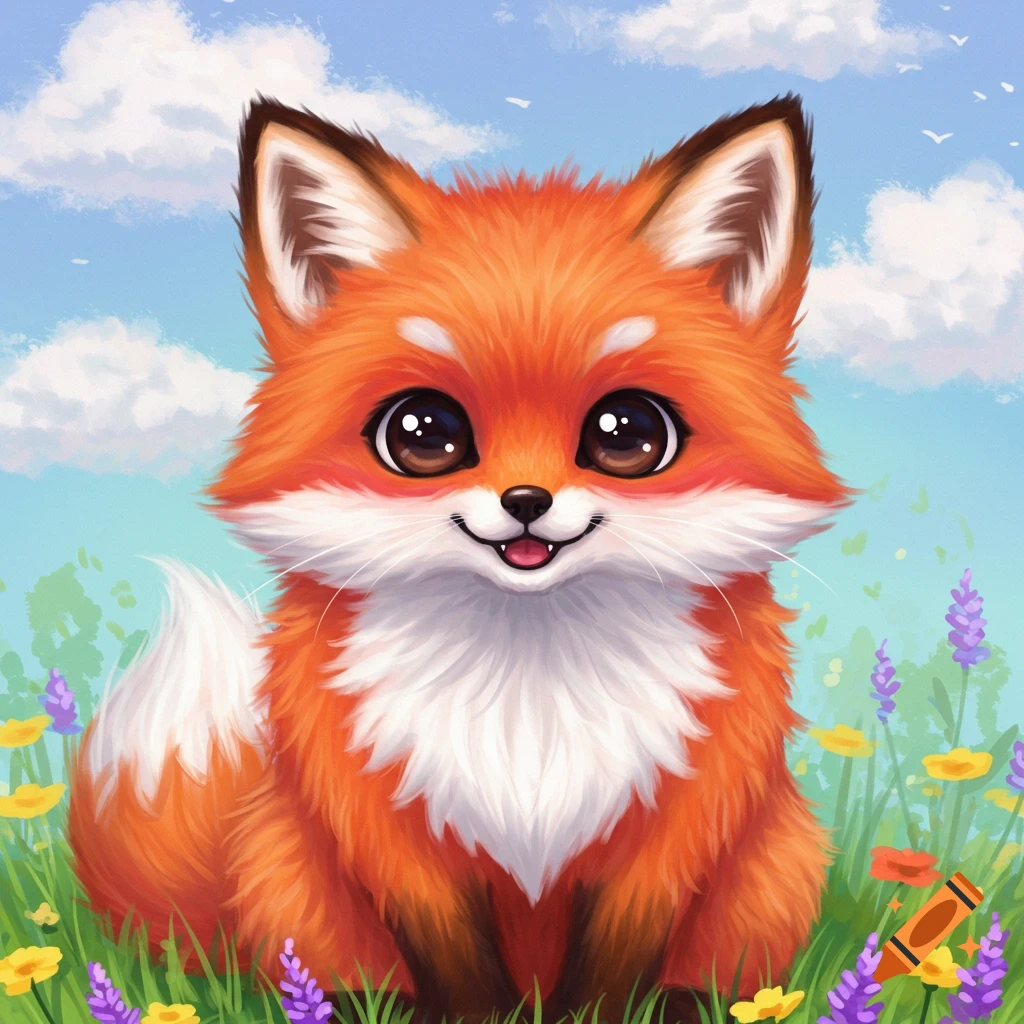 A cute cartoon fox sitting in a field of flowers under a blue sky.