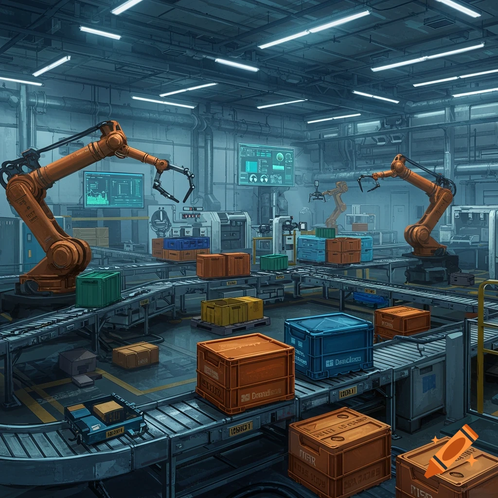 A factory floor with robotic arms, conveyors, and boxes.
