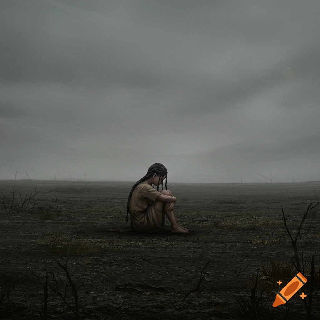 A girl sits alone in a vast, gloomy plain under a grey sky.