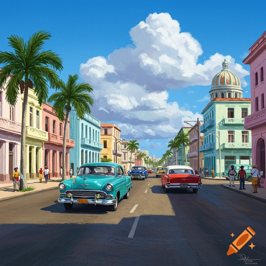 Classic cars driving down a street with colorful buildings and palm trees under a cloudy blue sky.