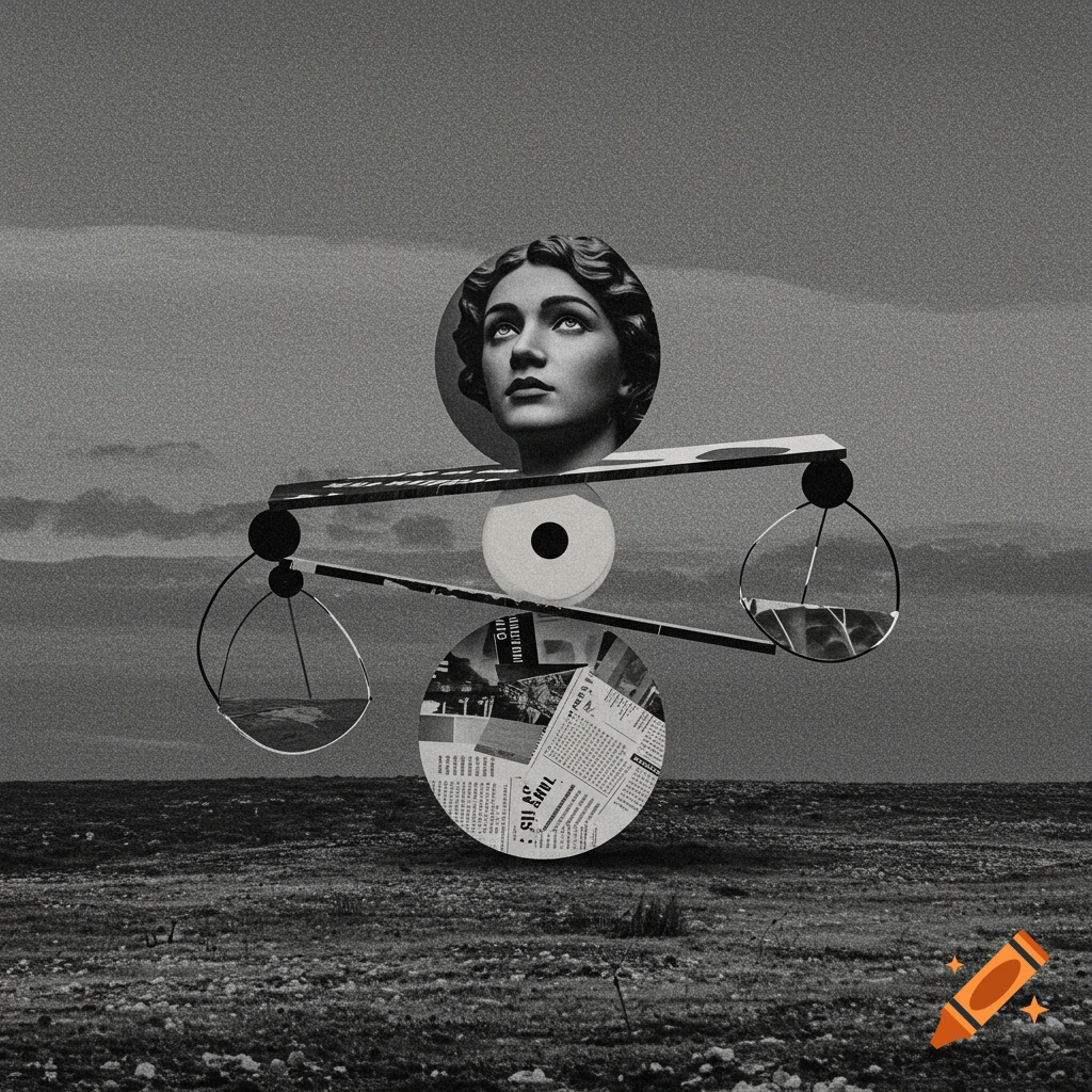 Grayscale surreal collage with a classical head, scales made of film reels, and newspaper circles on a landscape background.