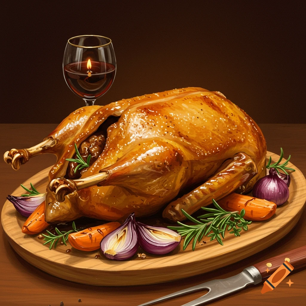 A roasted goose on a platter with vegetables, rosemary, and a glass of wine.