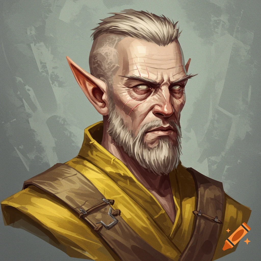An old male elf with scars and a beard wears yellow robes.