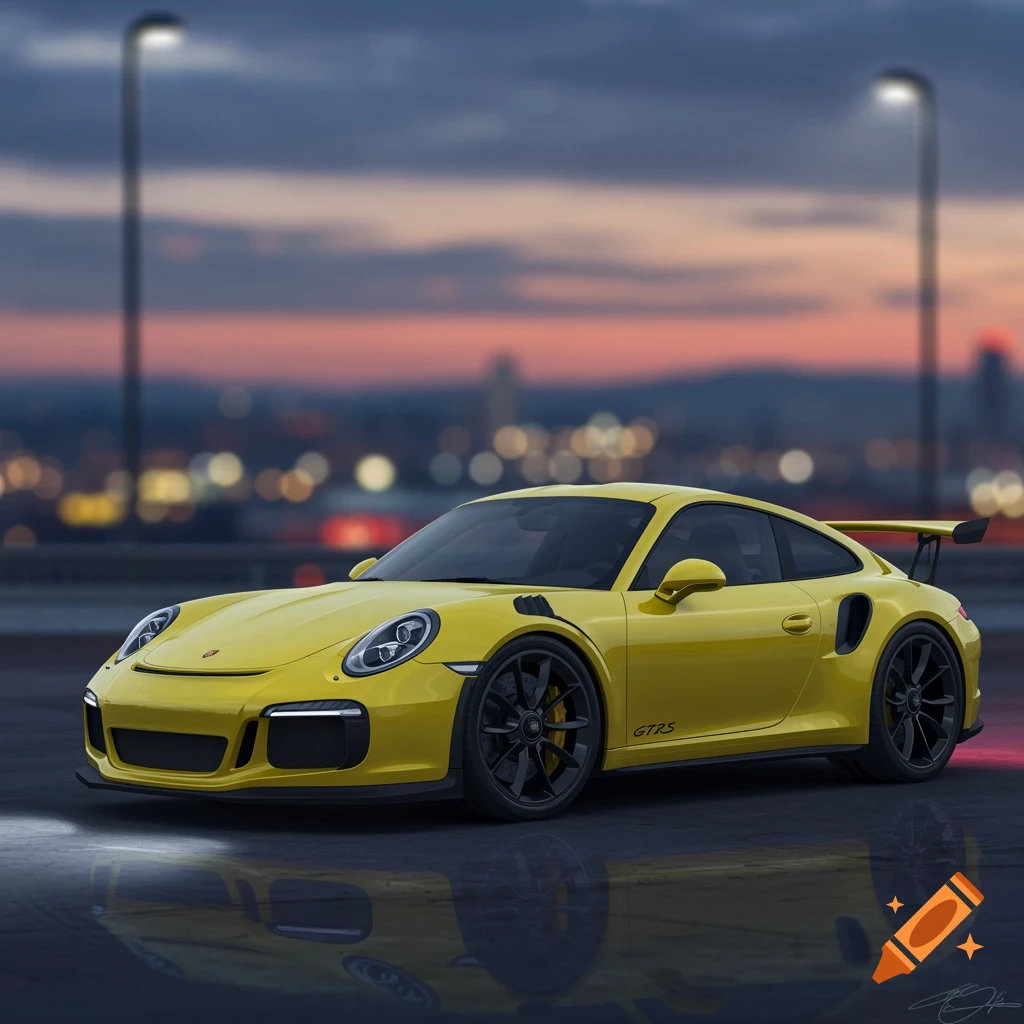 A yellow Porsche 911 GT3 RS is parked with a blurred city skyline at twilight.