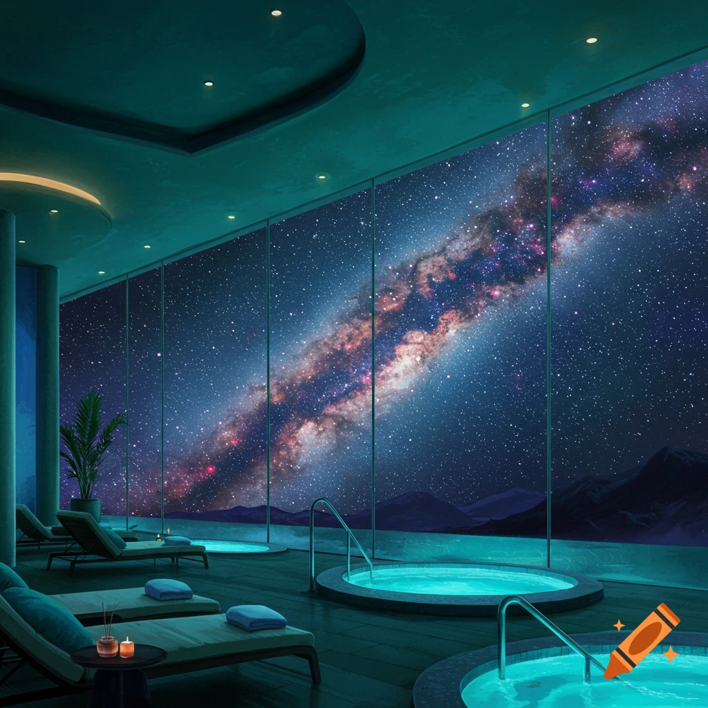Image of a spa with large windows looking out at the Milky Way galaxy.