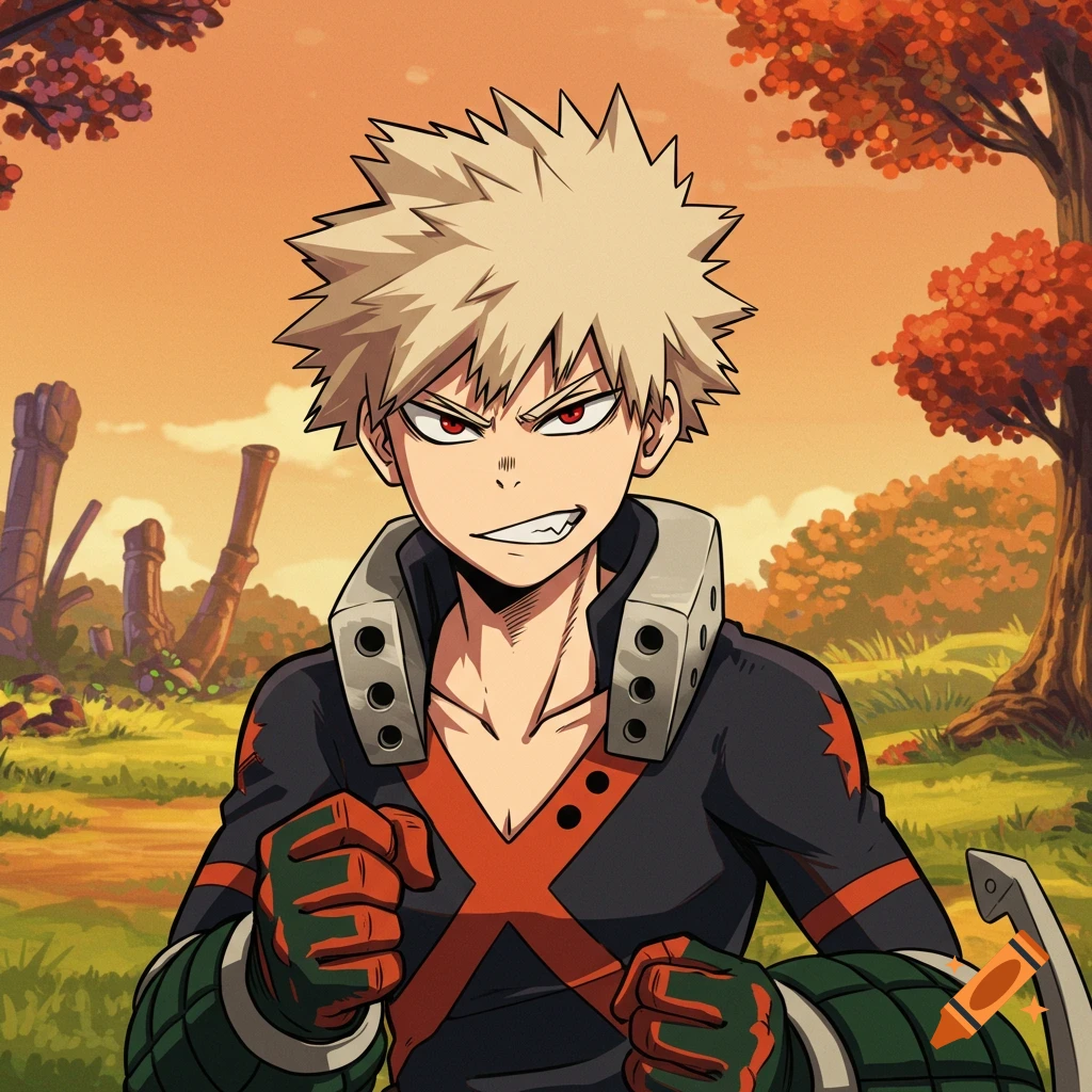 Anime character Katsuki Bakugou grins with clenched fists in a grassy landscape with ruins and autumn trees, in Studio Ghibli style.
