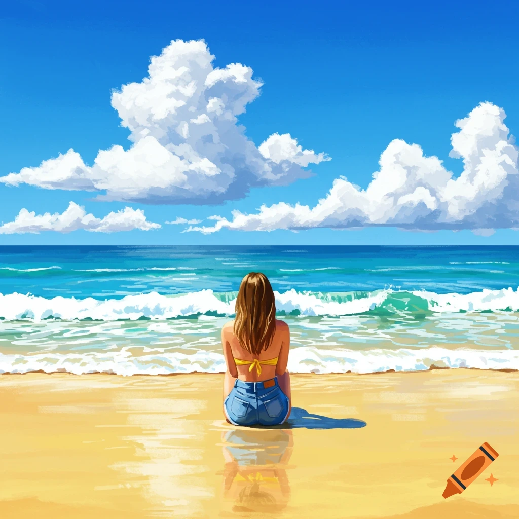 A woman sits on a beach and looks out at the ocean.
