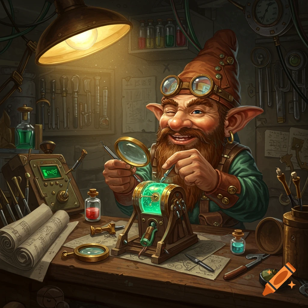 A smiling gnome artificer works on a device with a magnifying glass in a cluttered steampunk workshop.
