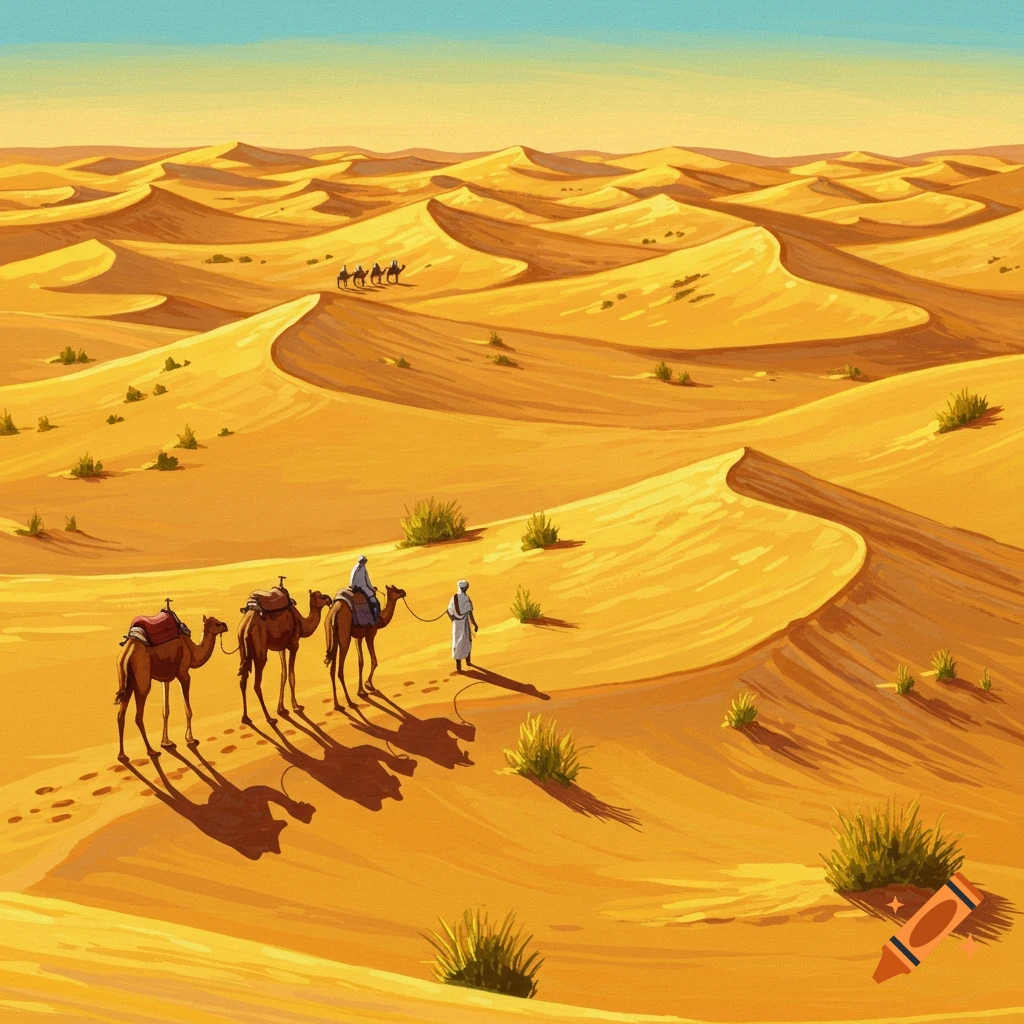 A caravan of camels and people crossing vast sand dunes in a desert under a bright sky.