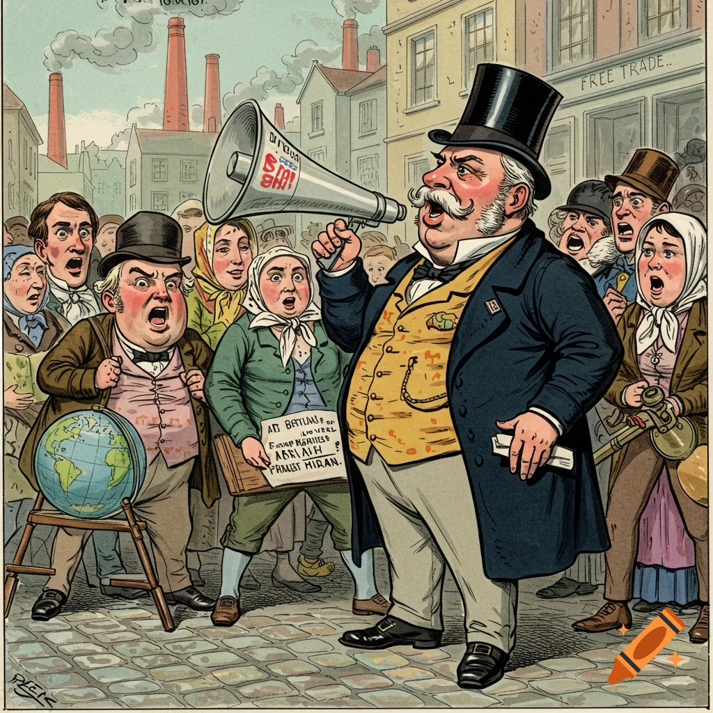 Victorian political cartoon of man with megaphone addressing shouting crowd.