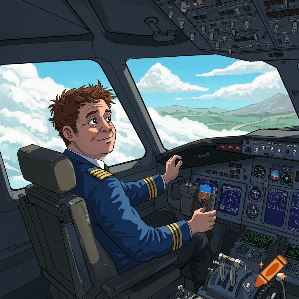 A cartoon drawing of a smiling pilot in a cockpit looking out the window at clouds and land.