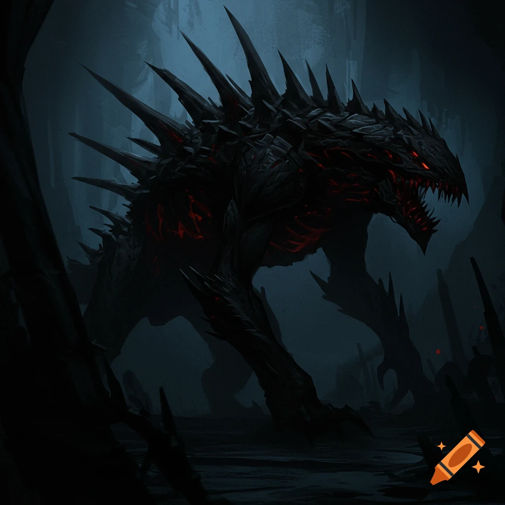 A black spiky monster with glowing red eyes and chest in a dark, atmospheric environment.
