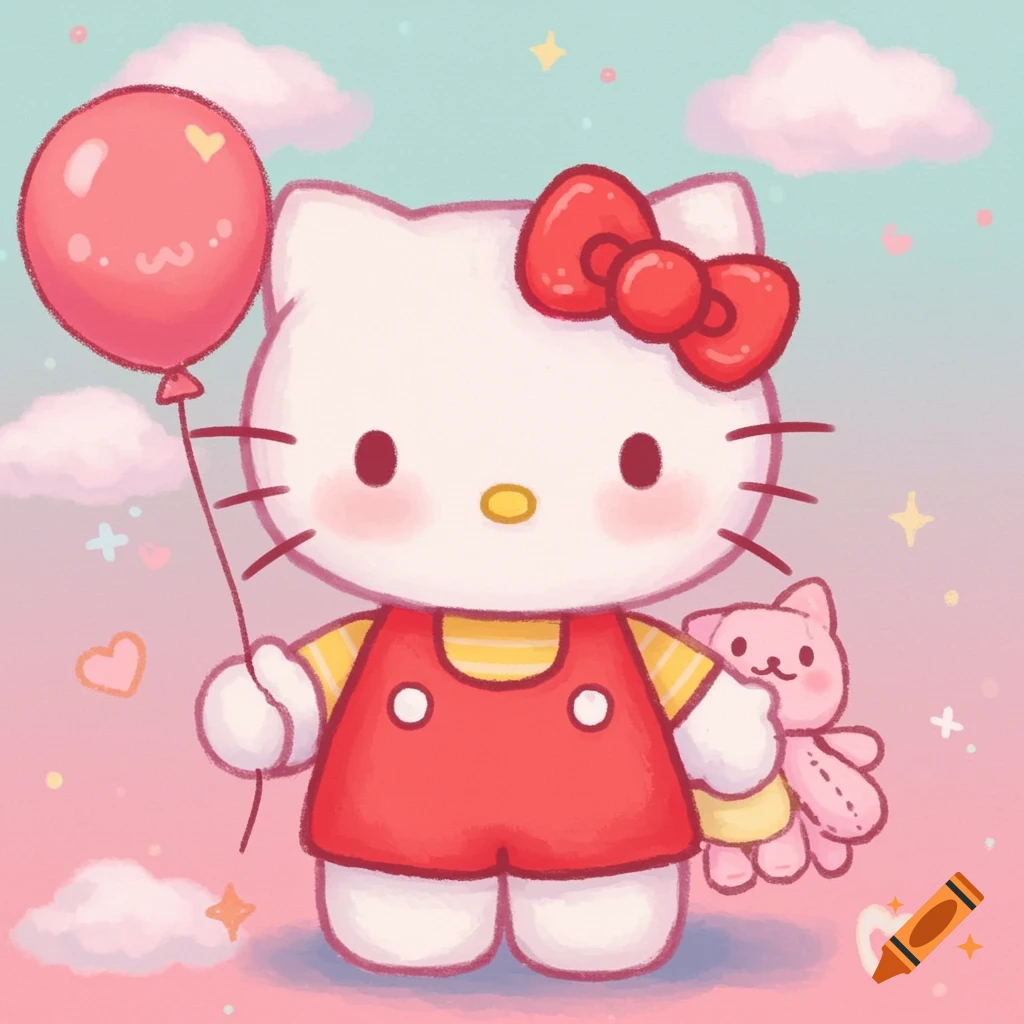 Hello Kitty holding a red balloon and pink plush toy in a pastel, whimsical style