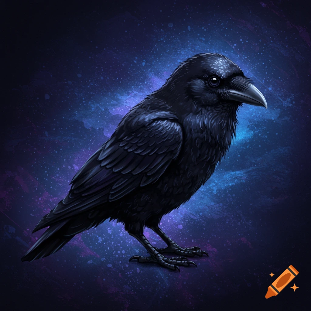 A black raven stands against a deep blue and purple starry background.