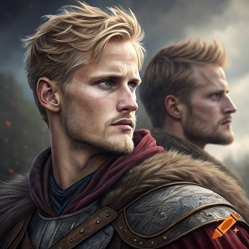 Two blonde men, one in focus in fantasy armor, against a cloudy background
