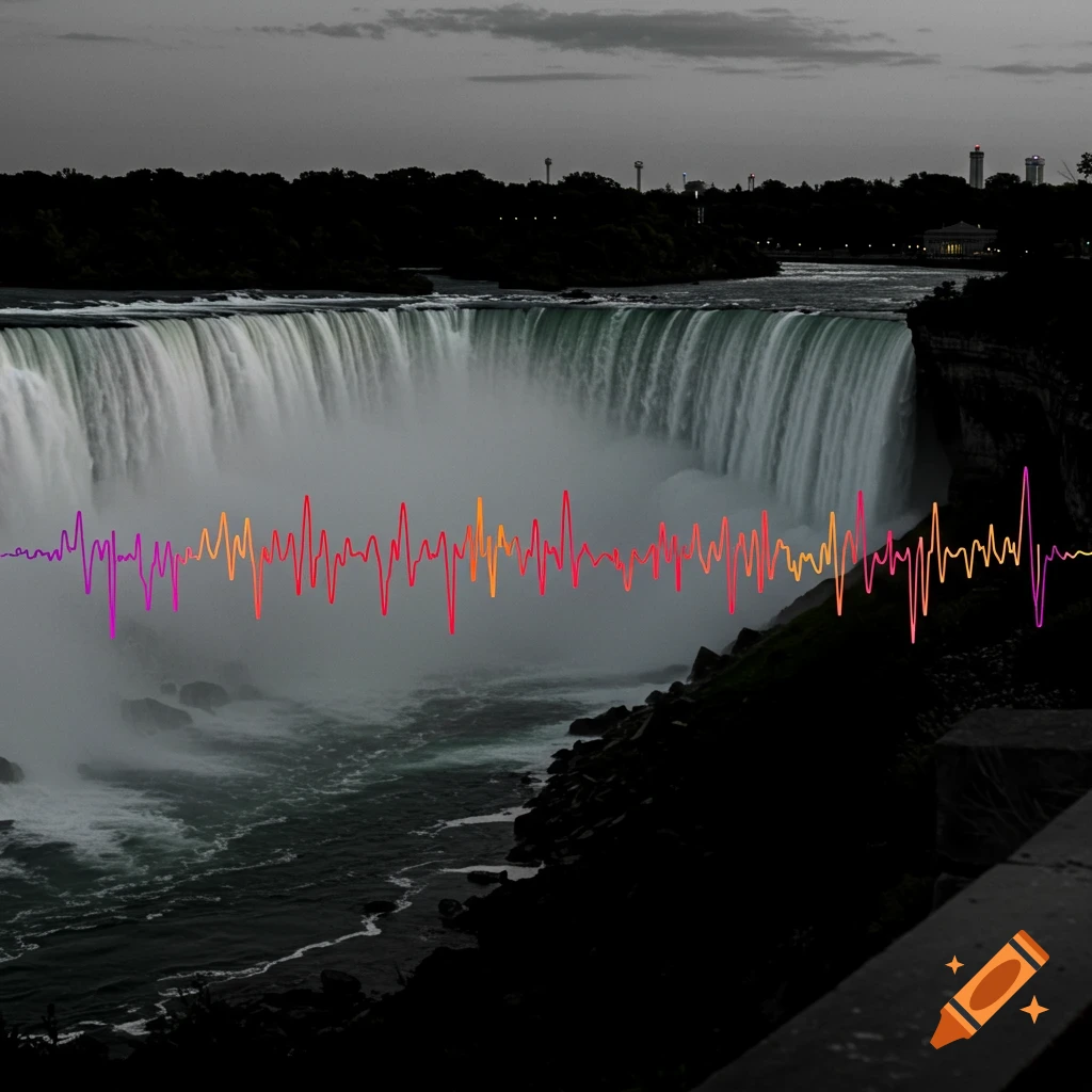 Black and white silhouette of Niagara Falls with a colorful waveform overlaid