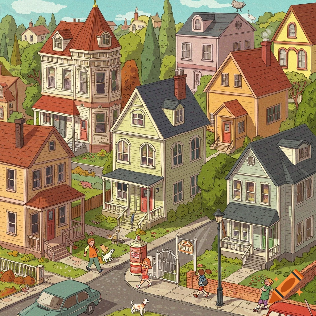 An illustration of a colorful neighborhood with various houses, people walking on the street, and dogs.