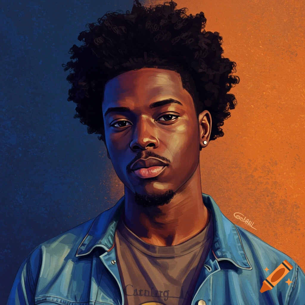 A young Black man with an afro and denim jacket is shown against a blue and orange background.