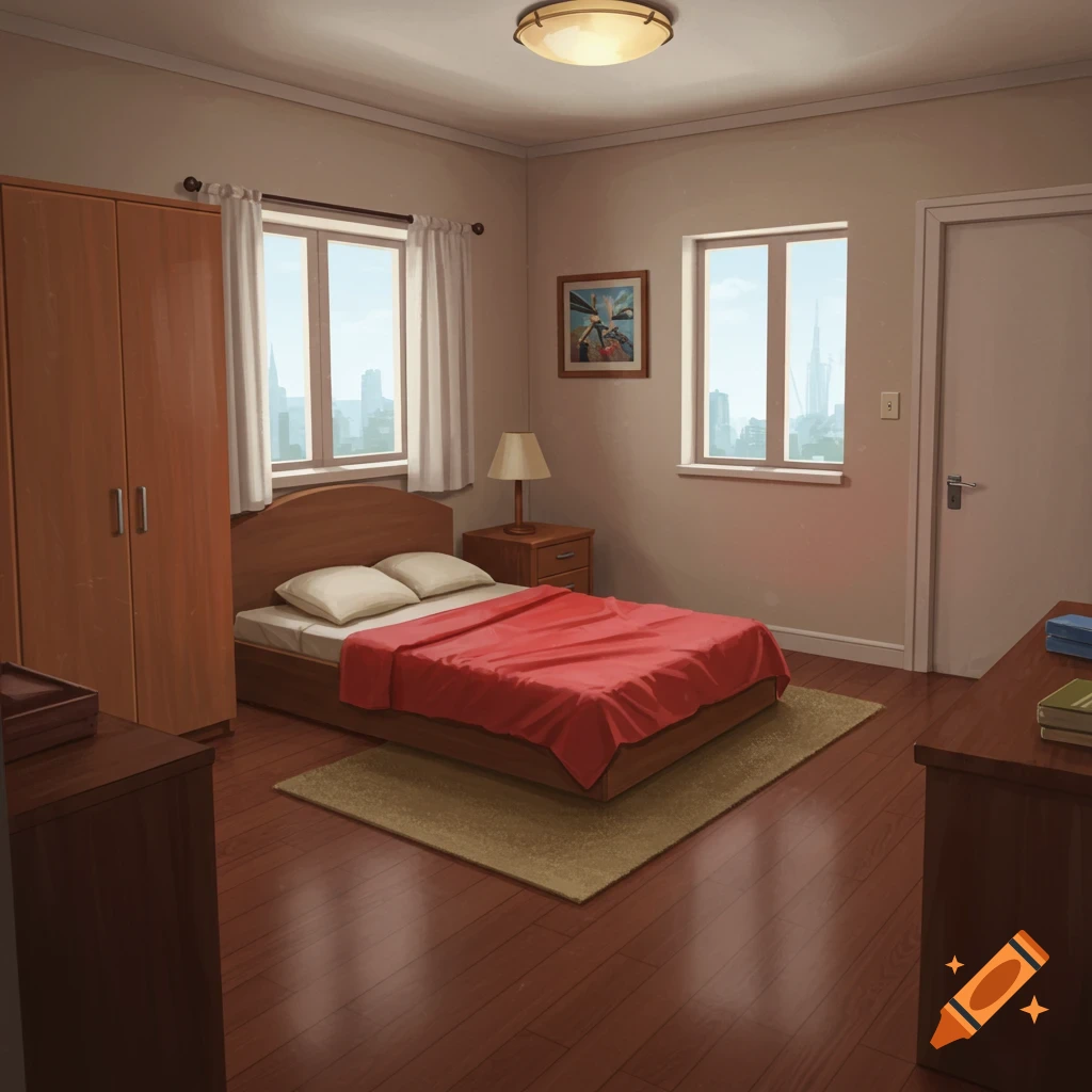 A bedroom with a bed, wardrobe, and windows overlooking a city skyline.