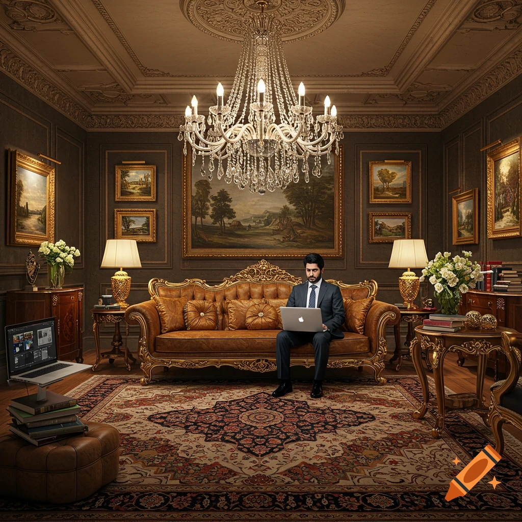 A man in a suit works on a laptop in a luxurious, ornate room with a chandelier and paintings.