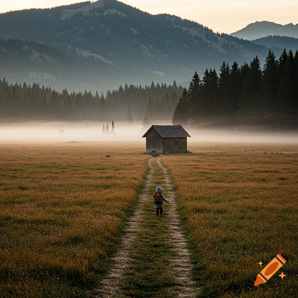 Figure walks path to cabin in misty mountain landscape