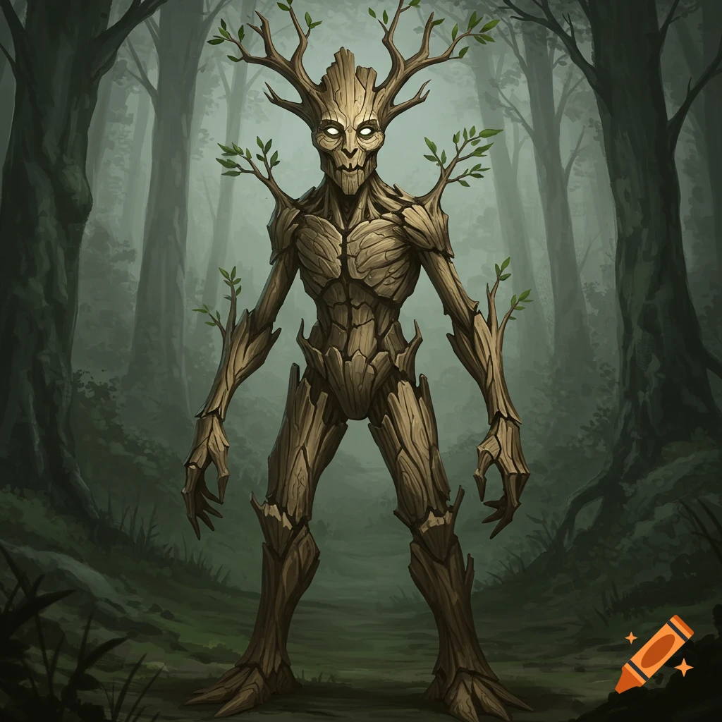 A humanoid tree creature stands in a forest
