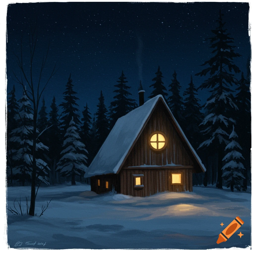 A wooden cabin with a lit circular window sits in a snowy forest at night under a starry sky, painting style.