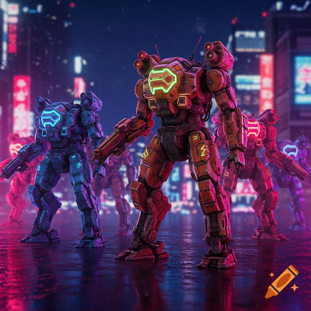 Neon mech suits standing in a futuristic city at night