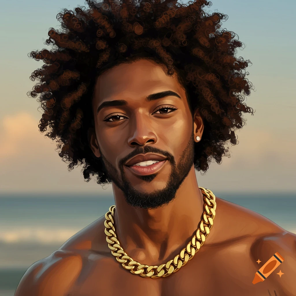 Image of a Black man with curly hair and gold necklace smiling on a beach.