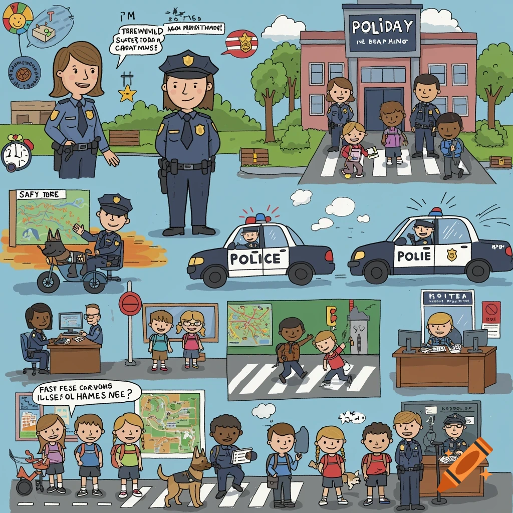 Child-friendly cartoon showing police officers, children, cars, and dogs interacting in scenes related to police work and safety.