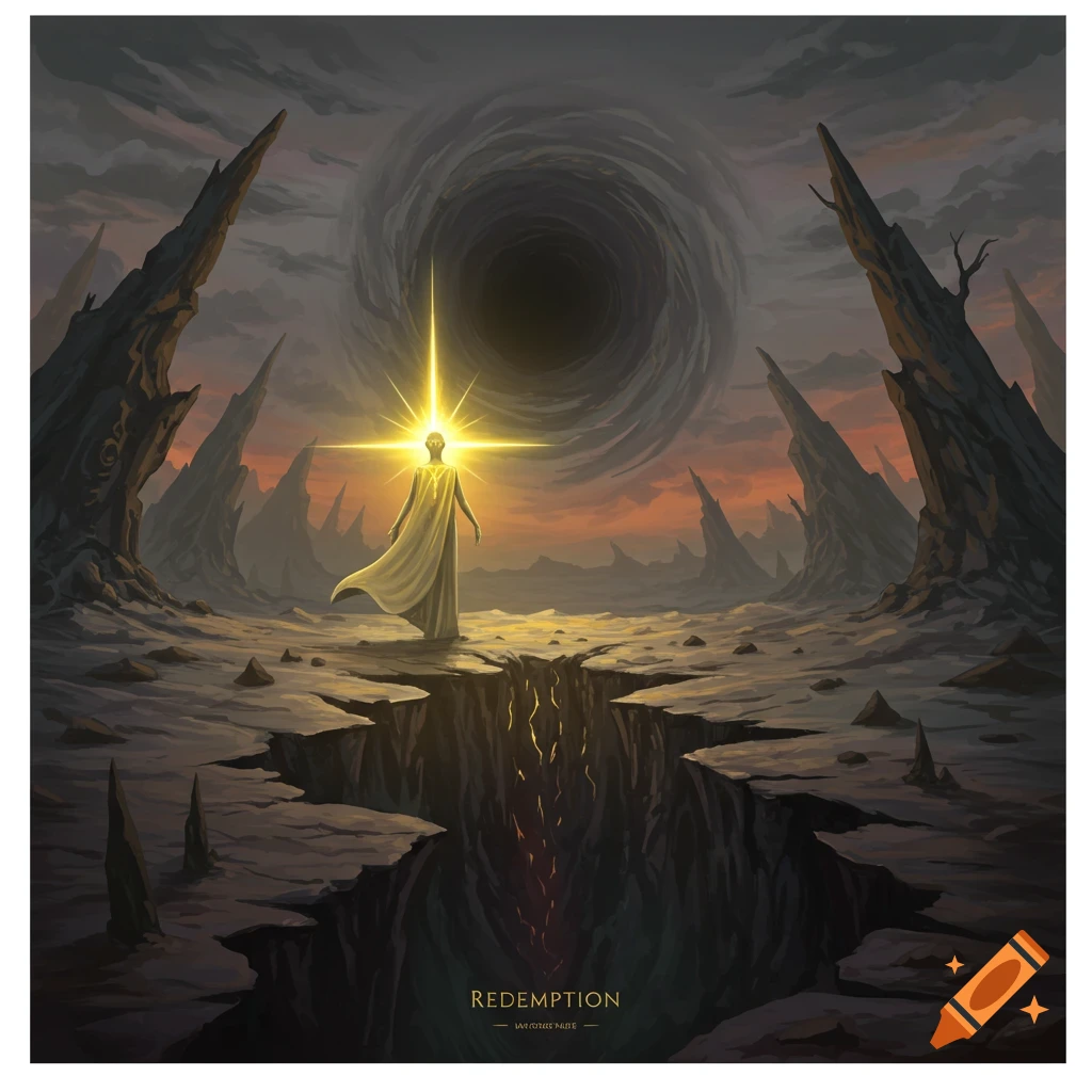 A glowing figure stands on cracked ground before a black hole in a desolate landscape.