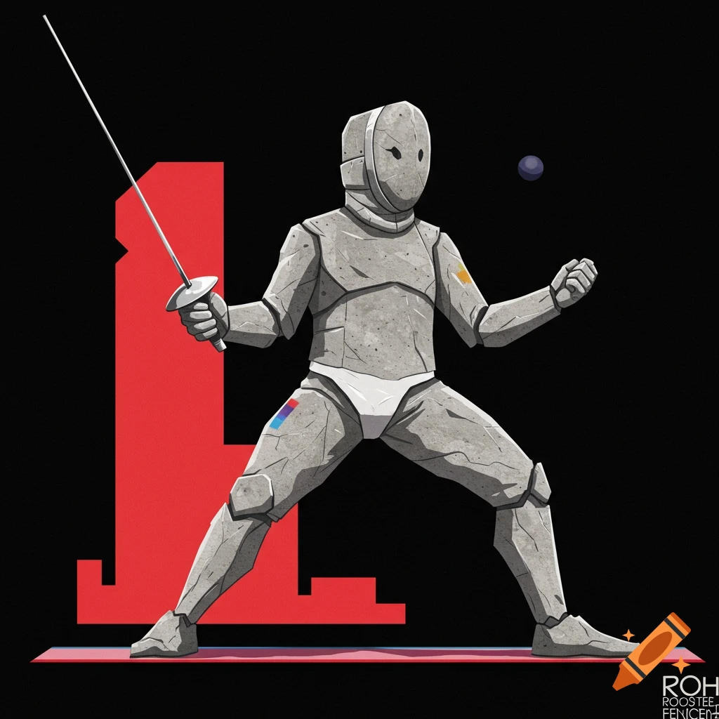 A concrete fencer in a white uniform holds a foil with a large red 1.