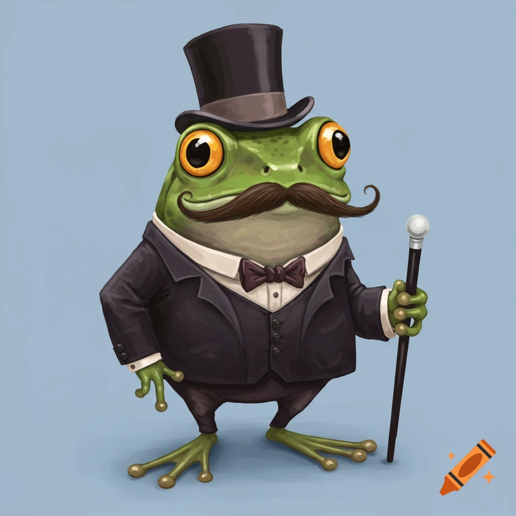 A cartoon frog wearing a top hat and suit and holding a cane.