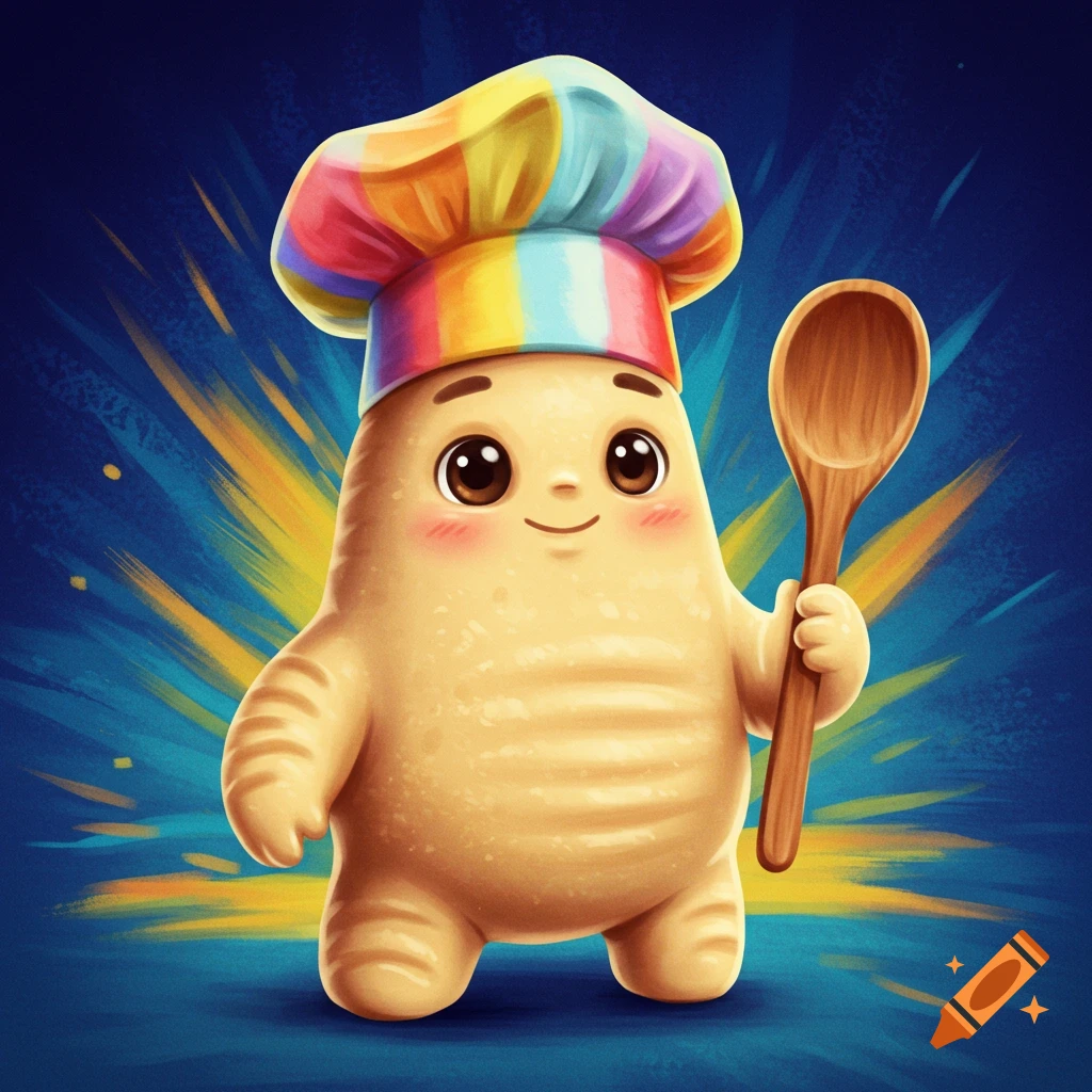Cute cartoon gnocchi character in rainbow chef hat holding a wooden spoon.