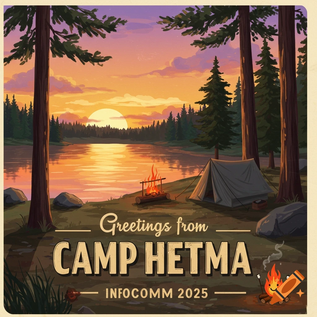 Postcard of camping by a lake at sunset with a tent and campfire. Text: 'Greetings from CAMP HETMA - INFOCOMM 2025'.