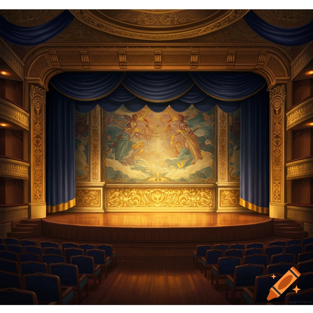 An ornate theatre stage with blue curtains and a mural above the stage.
