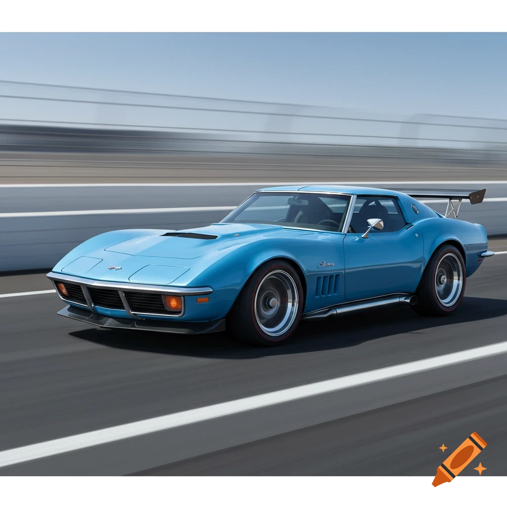 Blue 1969 Corvette race car with spoiler on a track with speed blur