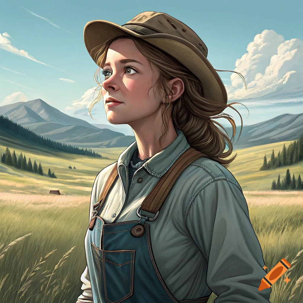 Illustration of a woman in a cowboy hat and overalls standing in a field with mountains