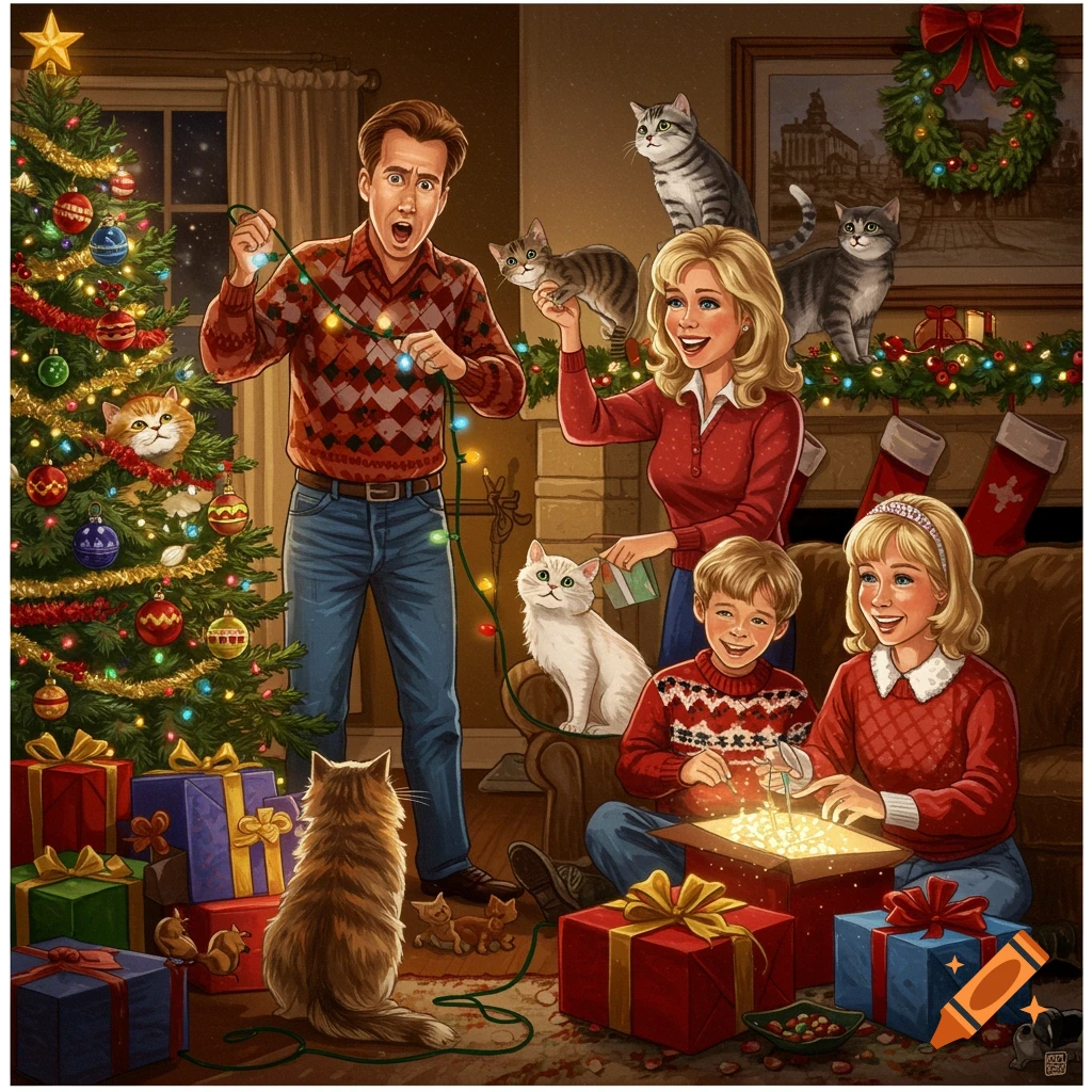 A family decorating a Christmas tree with mischievous cats in vintage style.