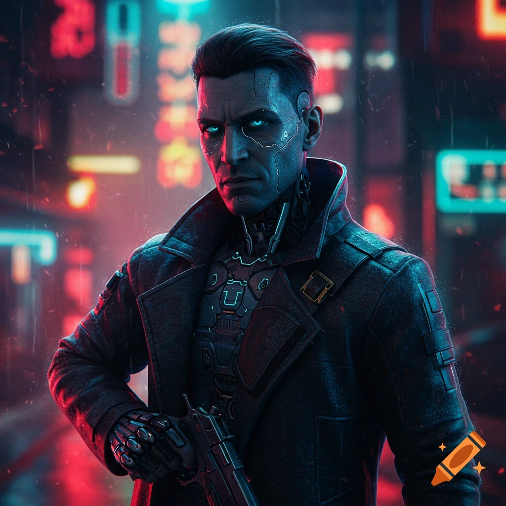 A brooding cyberpunk man with glowing blue eyes holds a pistol in a rainy neon-lit city.