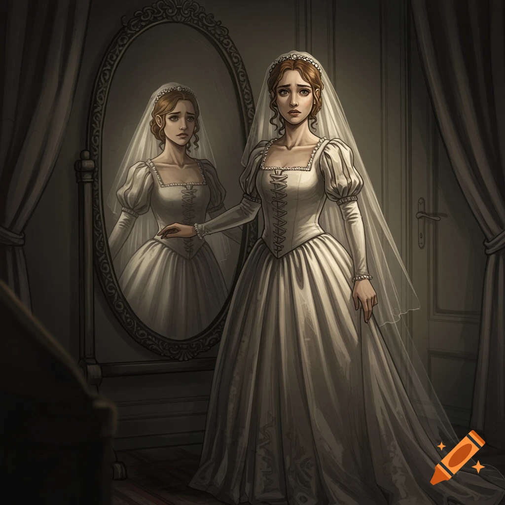 Illustration of a woman in a wedding dress looking in a mirror in a gloomy room.