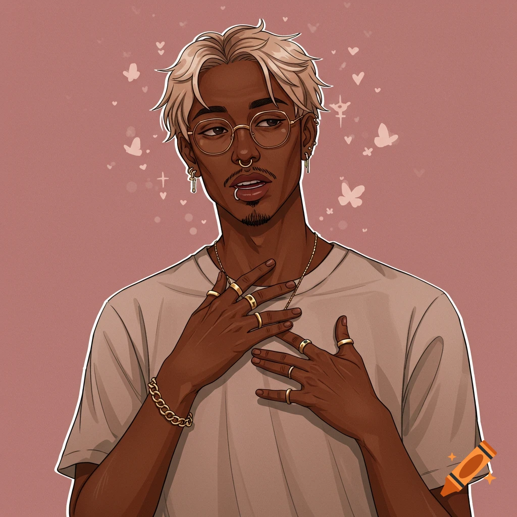 Anime portrait of a man with blonde hair, glasses, piercings, and rings, hands on chest.