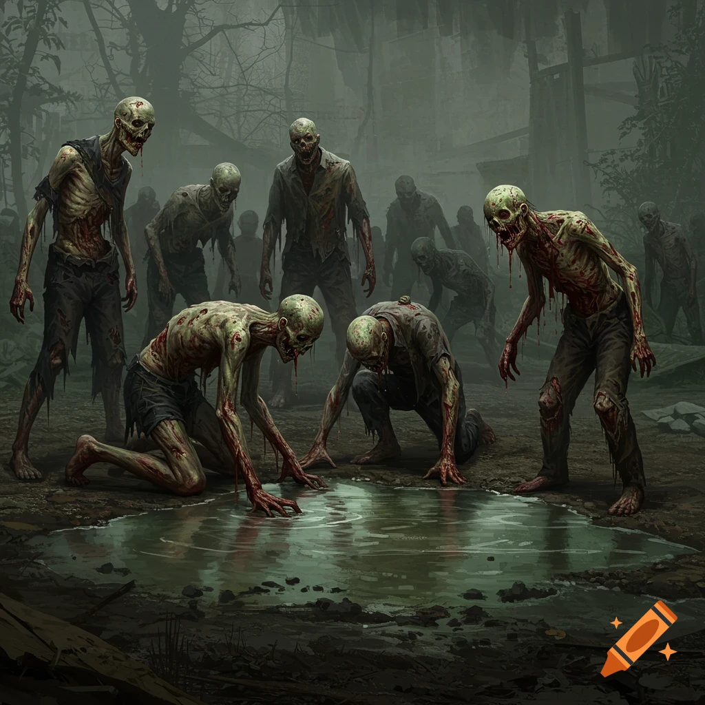 Several gaunt zombies kneeling and drinking from a puddle in a dark, misty landscape.