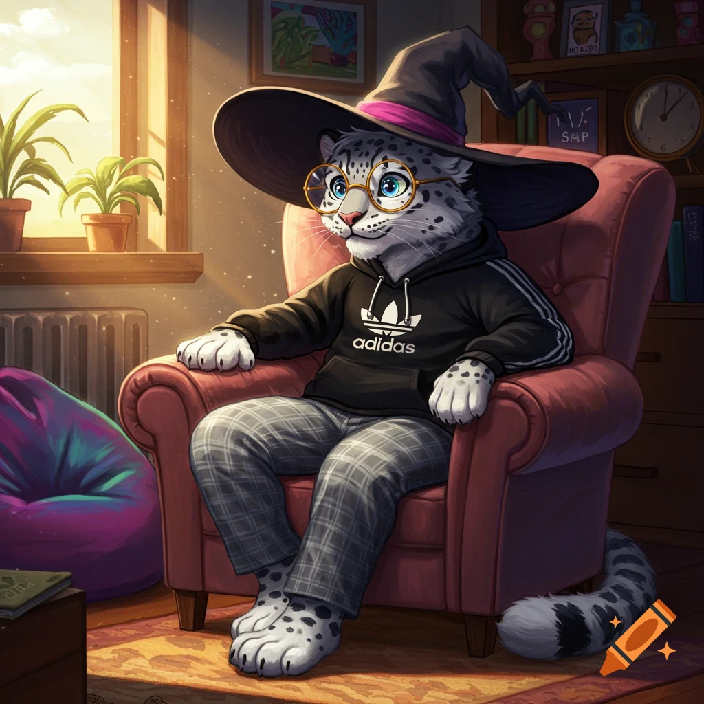 An anthropomorphic snow leopard in a witch hat, glasses, Adidas hoodie, and plaid pants sits in a chair in a sunlit room.
