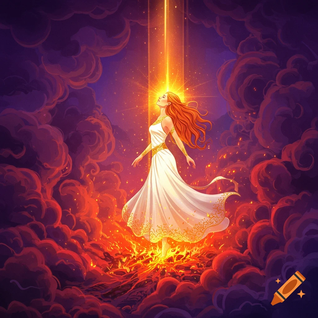 A woman in a white dress with red hair ascends from fire and embers, bathed in golden light, surrounded by dark clouds.