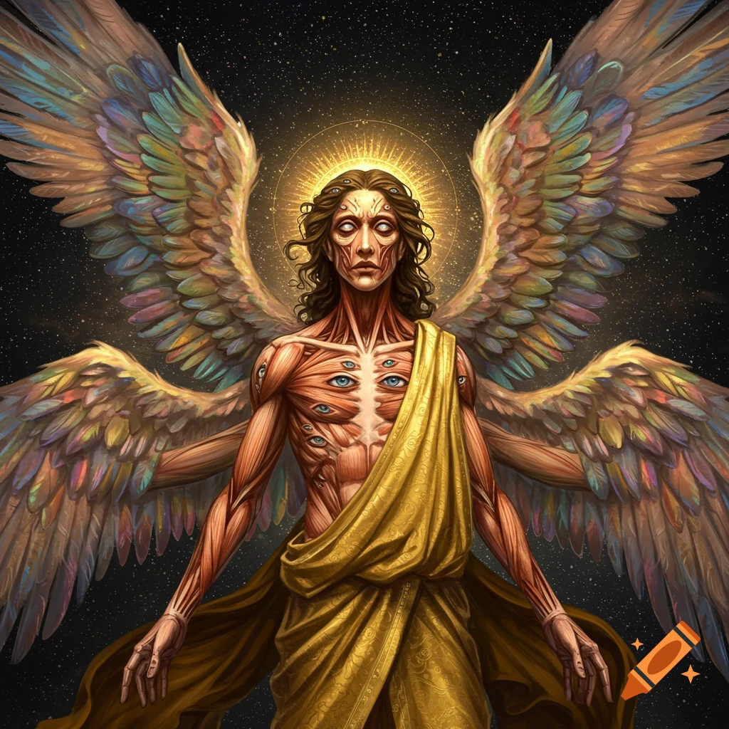 A multi-eyed, winged angel with exposed muscles and golden drapery against a starry sky.