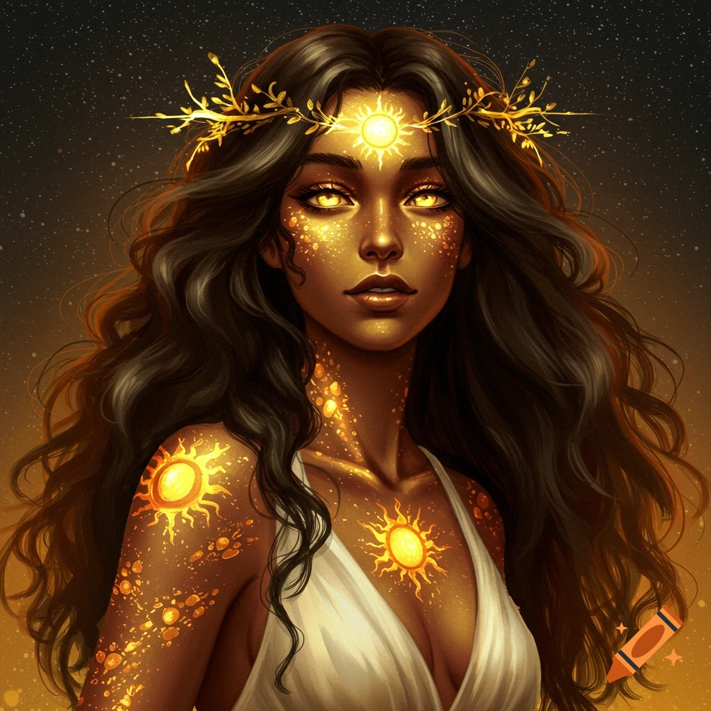 Fantasy woman with glowing golden skin, golden eyes, and sun symbols on her body, wearing a white dress.