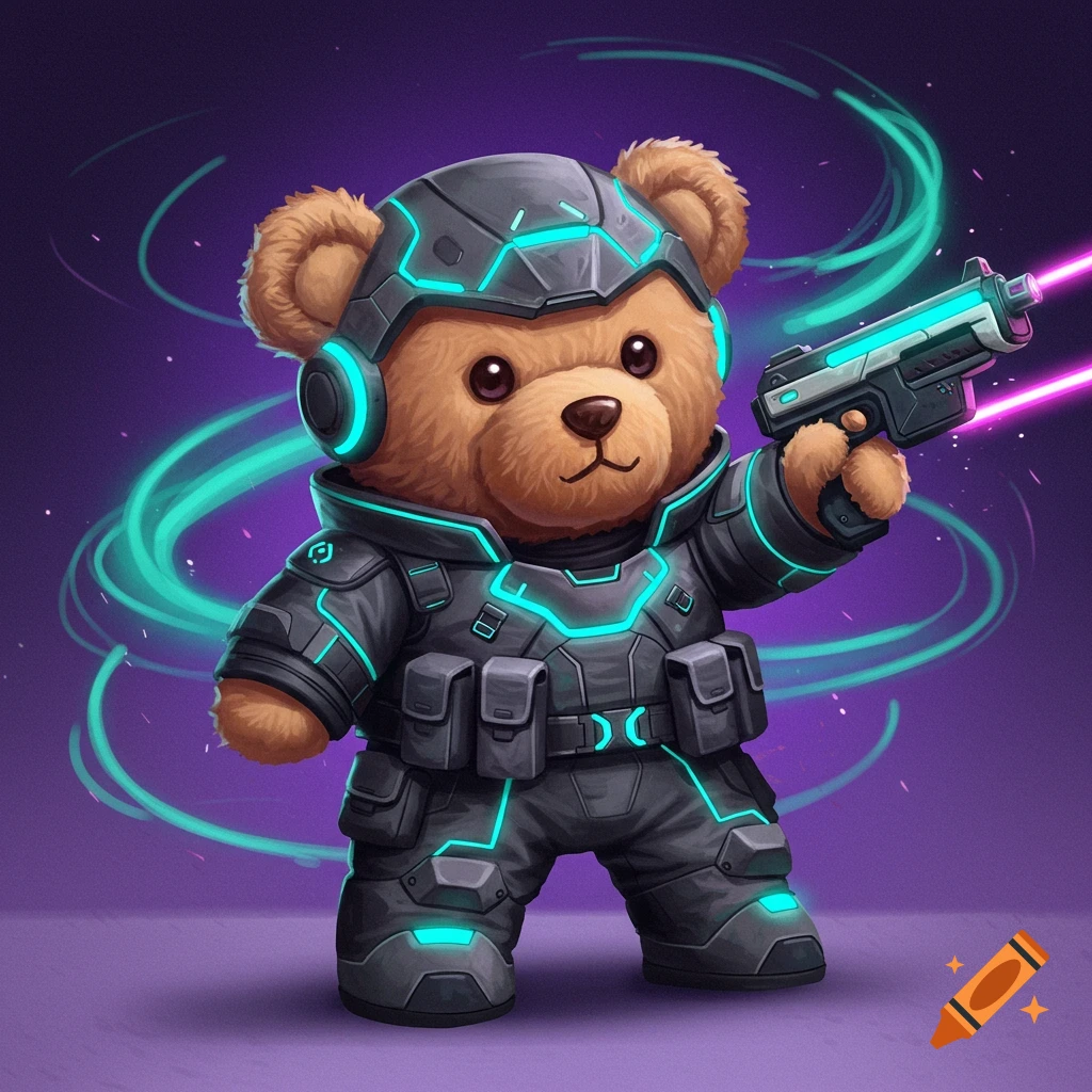 A stuffed bear in a futuristic soldier uniform holding a laser gun.